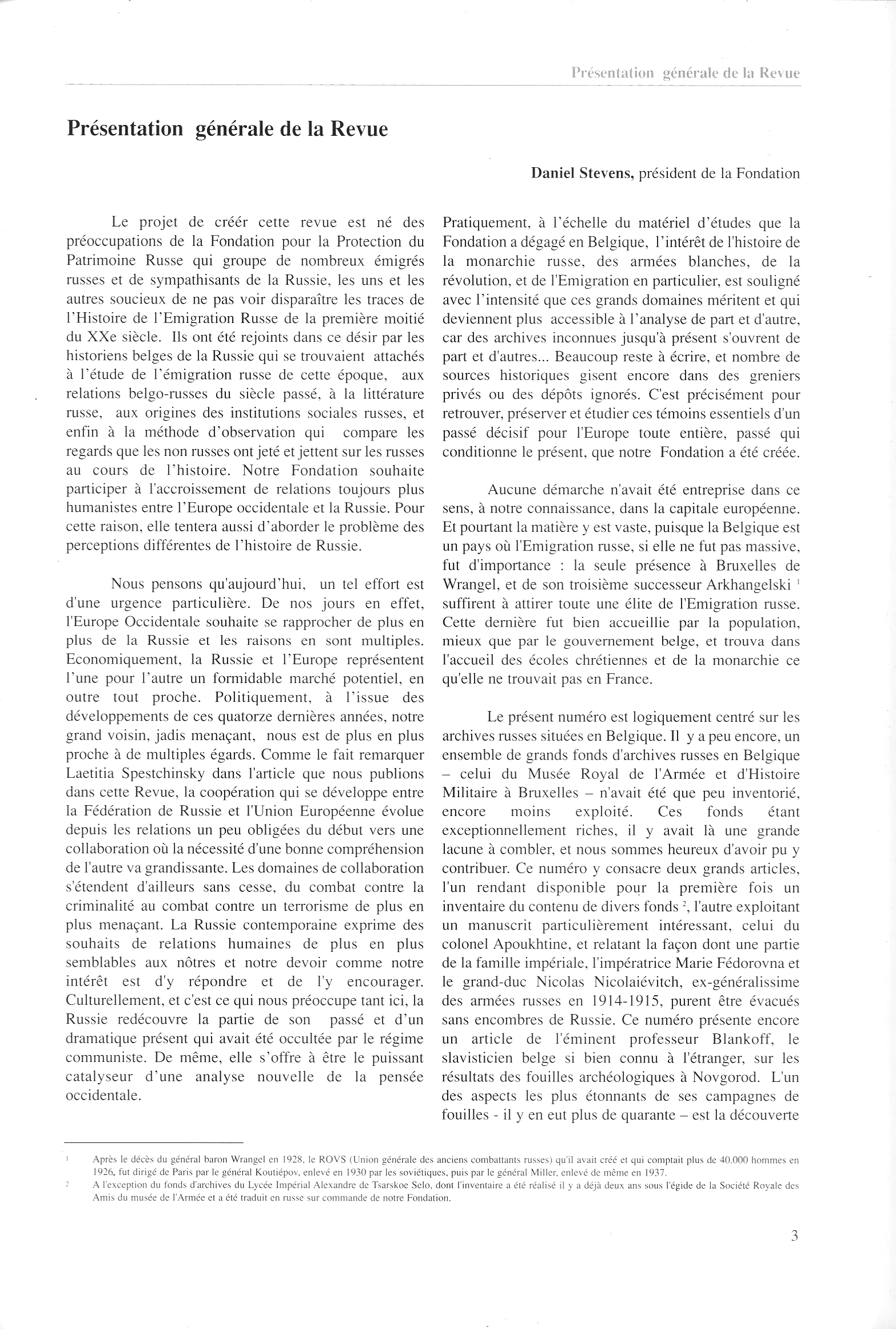 FPPR Revue 01 2002 05. Page 03. Présentation générale de la revue par Daniel Stevens. Président de la Fondation