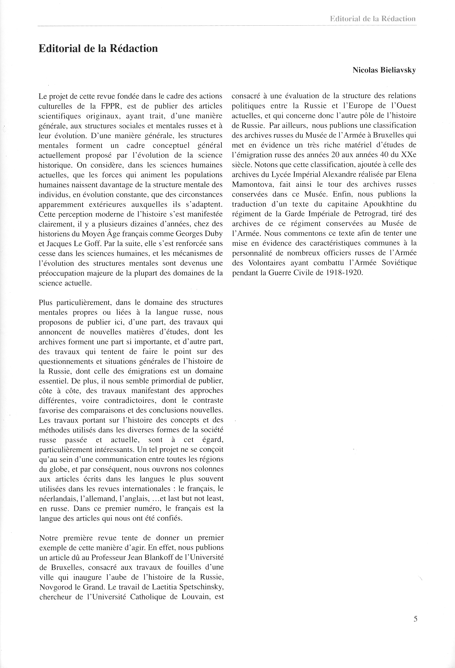 FPPR Revue 01 2002 07. Page 05. Editorial de la rédaction par Nicolas Bieliavsky